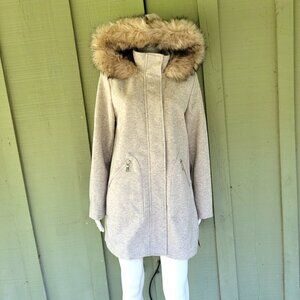 NWT VINCE CAMUTO Heather Gray Faux Fur Hooded Faux Wool Zip Coat Jacket M